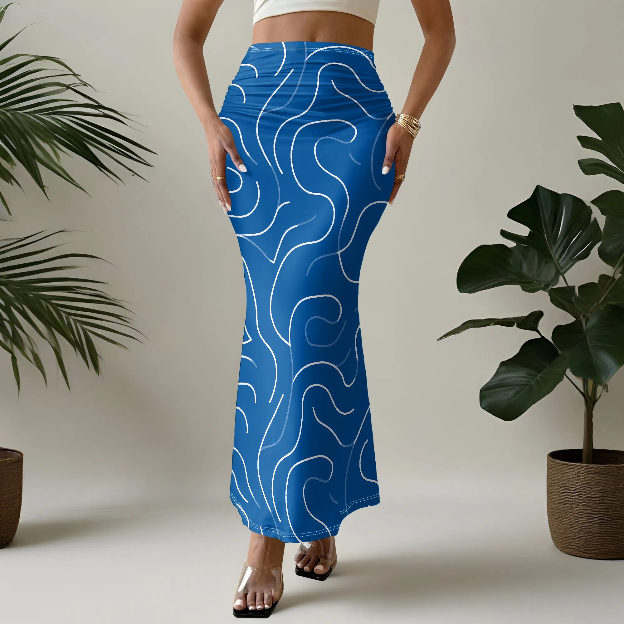 Blue Abstract Print Skirt, White Swirl Pattern Midi Skirt, Elastic Waist Mermaid Skirt, Party Evening Wear for Women, S-2XL