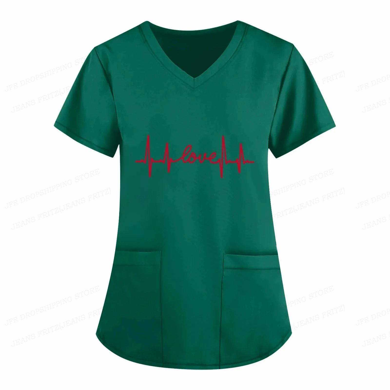 Letter Love Heart Nurse Uniform Print Tops V-Neck Pocket Medical Uniforms Nursing Scrubs Tops Working Clothes uniforme enfermera