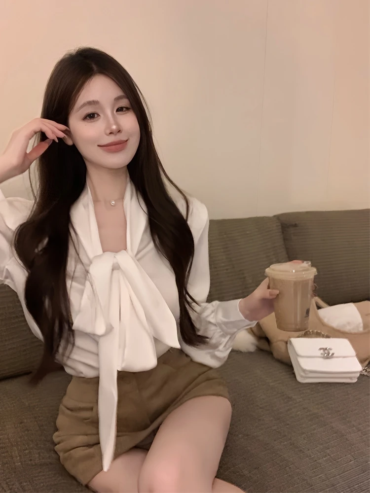 

Elegant Satin Shoulder Pad Long Sleeve Shirt Women's Spring White Design Knot Shirt Top French Style Pure Color Sli...