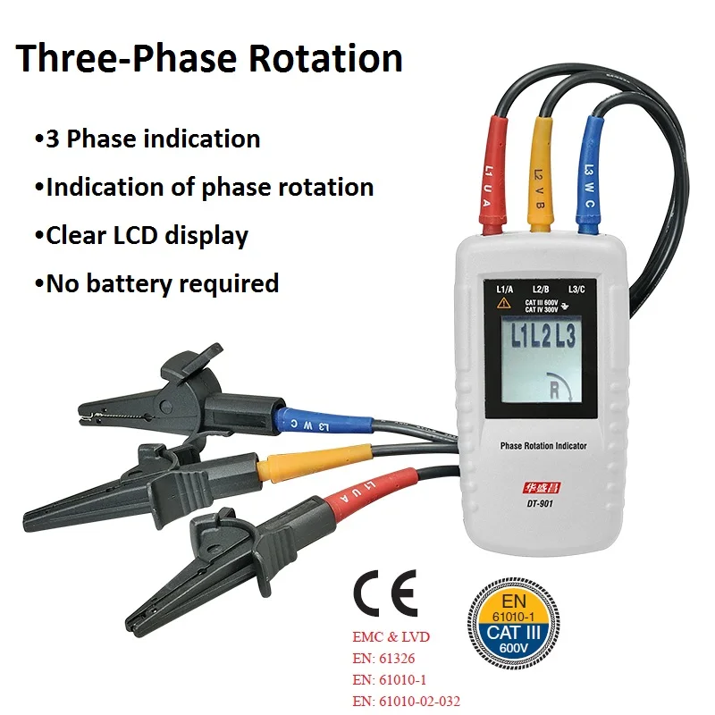 CEM DT-901 Motor- en driefasige rotatie-indicator 40V tot 690V AC IP40-aansluiting polariteitsdetector