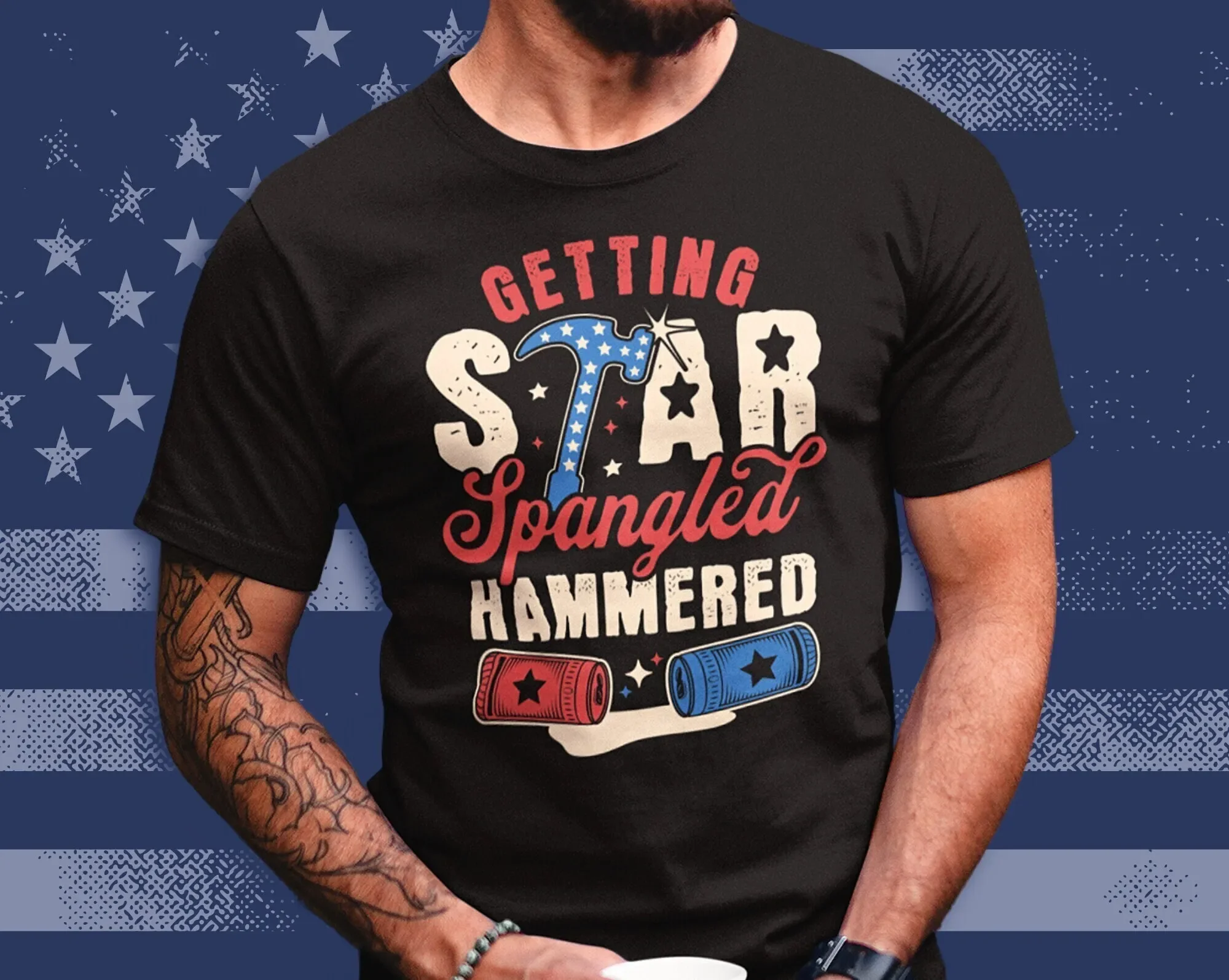 Getting Star Spangled Hammered T Shirt 4th of July Time to get Independence Day Party USA Beer