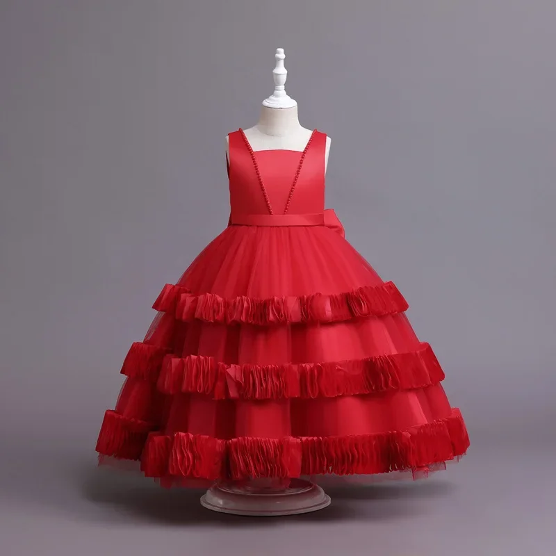 

Children Sleeveless V Neck Dress Satin Trim Tiered Tulle Girls Putty Skirt Ruffled Hem Princess Style Party Gown Kids Cake Skirt