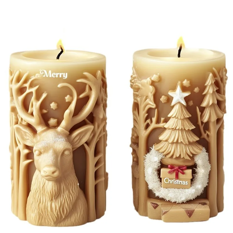 Elk Spotted Deer Relief Cylindrical Candle Silicone Mold Christmas Tree Candle Mould Christmas Decor Diy Candle Molds Xmas Gift