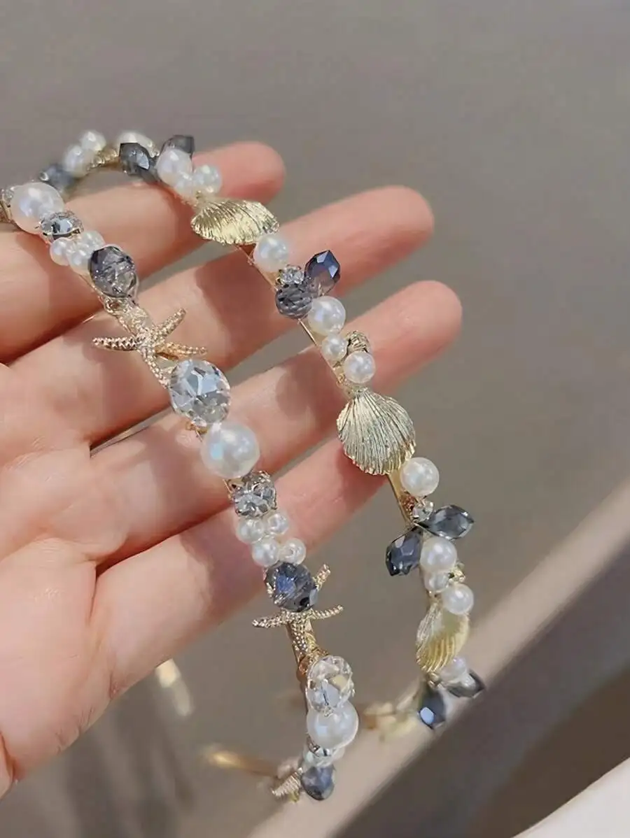 

Ocean Theme Pearl Crystal Headband With Shell Starfish For Women Vintage Bohemian Hair Accessory