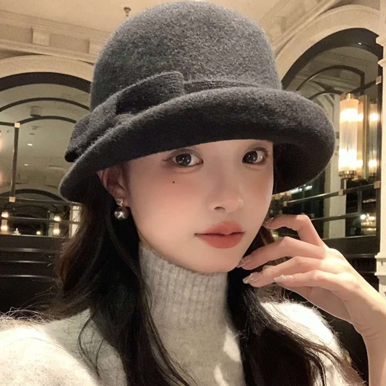 

Vintage Wool Blend Dress Hat, Elegant Bow Detail & Wide Brim,Classic French Bucket Hat, Luxury Heirloom Winter Fashion for Women