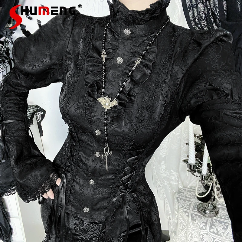 

Japanese Rojita Black Long-sleeves Blouse Halloween Dark Gothic Hot Girl Outfit Slim Sexy Top Single-Breasted Shirt For Ladies