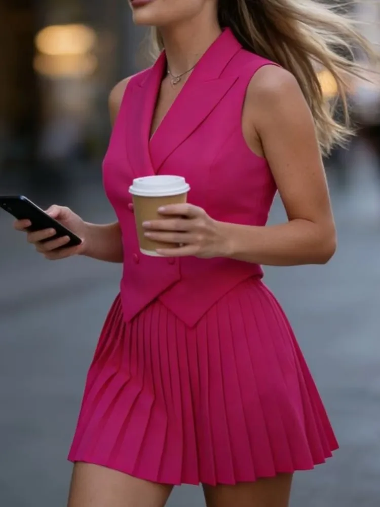 Dames nieuwe mode casual rokset lente en zomer mode revers onregelmatige mouwloze top plooirok tweedelige sets