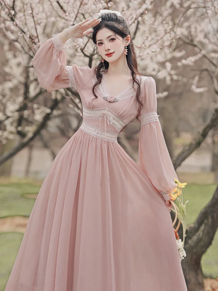 Romantic Pink Chiffon Fairy Dress Woman Vintage Lantern Sleeve V-Neck Lace Princess Dresses For Party Night Vestido Festa