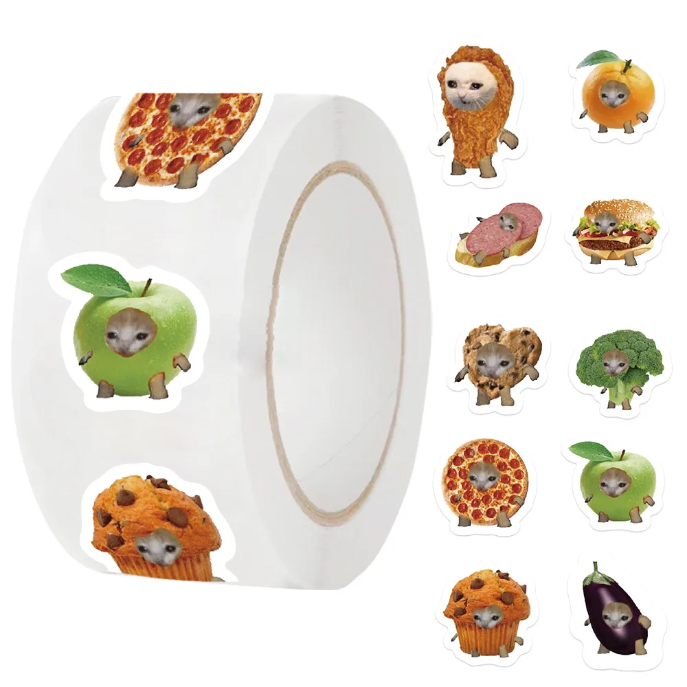 500pcs/roll Funny Cartoon Food Cat Stickers Creative Sealing Label Sticker Luggage Notebook Phone Decals Cute Decoration Decals