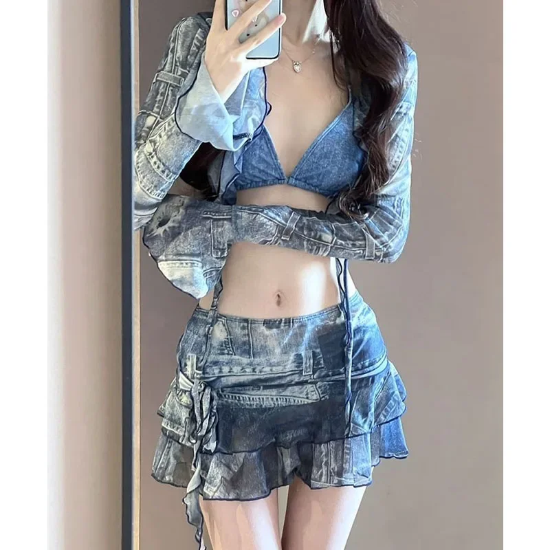 Bikini Swimsuit Lady Denim Blue Four Piece Set Sexy Fashion Vacation Sand Auricularia Auricula Edge Slim A-line Skirt Swimwear