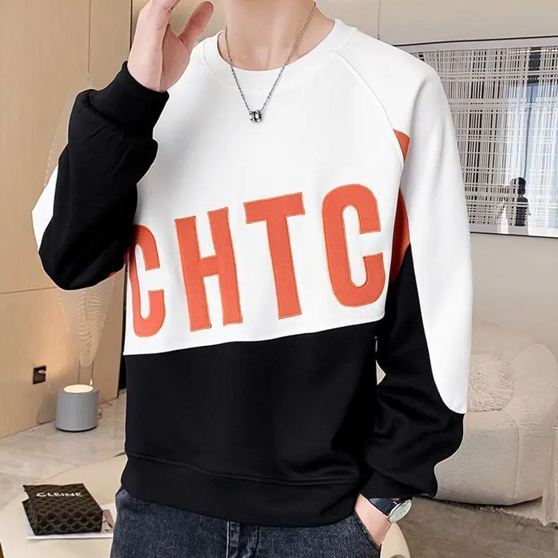 Fashion O-Neck Spliced Printed Letter Sweatshirts Men's Clothing 2023 Autumn Winter New Oversized Casual Tops Korean Sweatshirts
