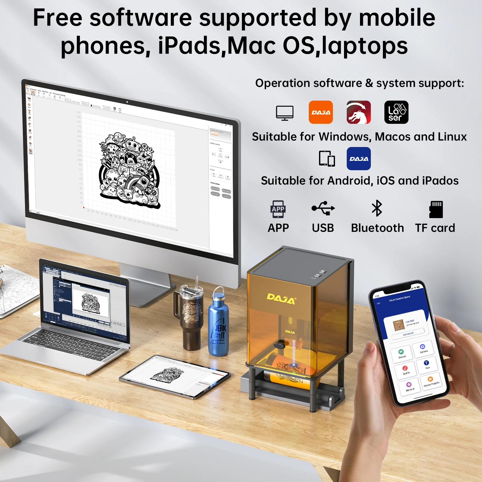 DAJA DJ6 Pro آلة النقش بالليزر المحمولة الصغيرة عالية الطاقة باستخدام الحاسب الآلي قطع آلة الحفر للمعادن الخشب الاكريليك الجلود الزجاج البلاستيك