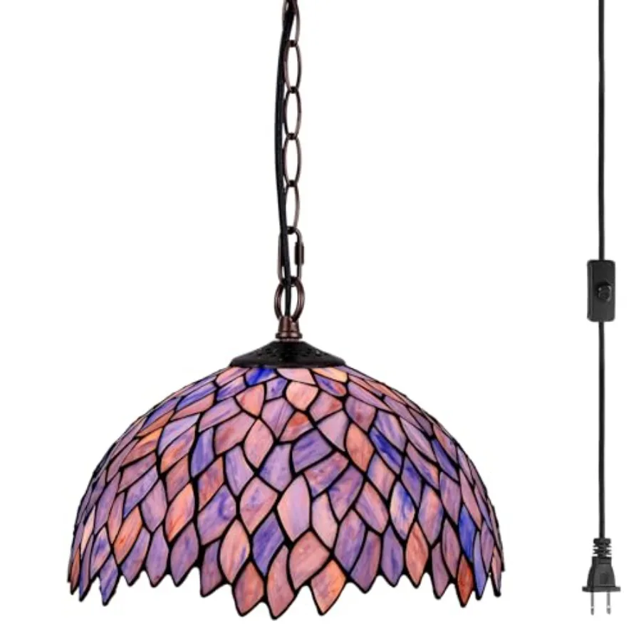 Tiffany Style Stained Glass Pendant Light for Living Dining Room Bedroom Kitchen Home Office, Glass and Metal, Blue, Plug-in wi