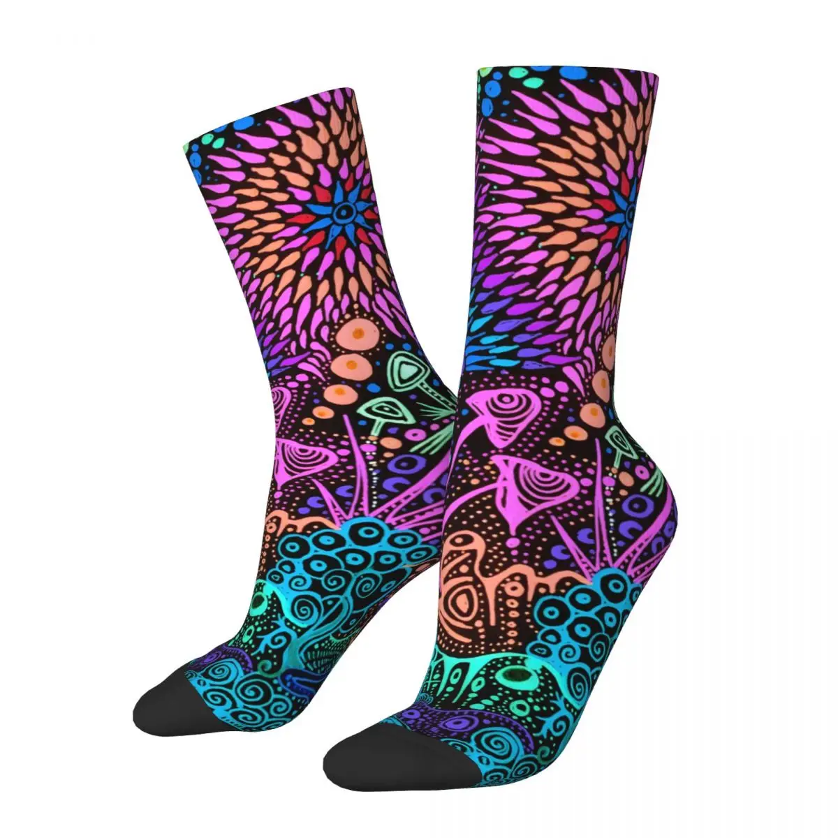 Vintage Neon Mushrooms On The Moon Men's compression Socks Unisex Harajuku Pattern Printed Novelty Crew Sock