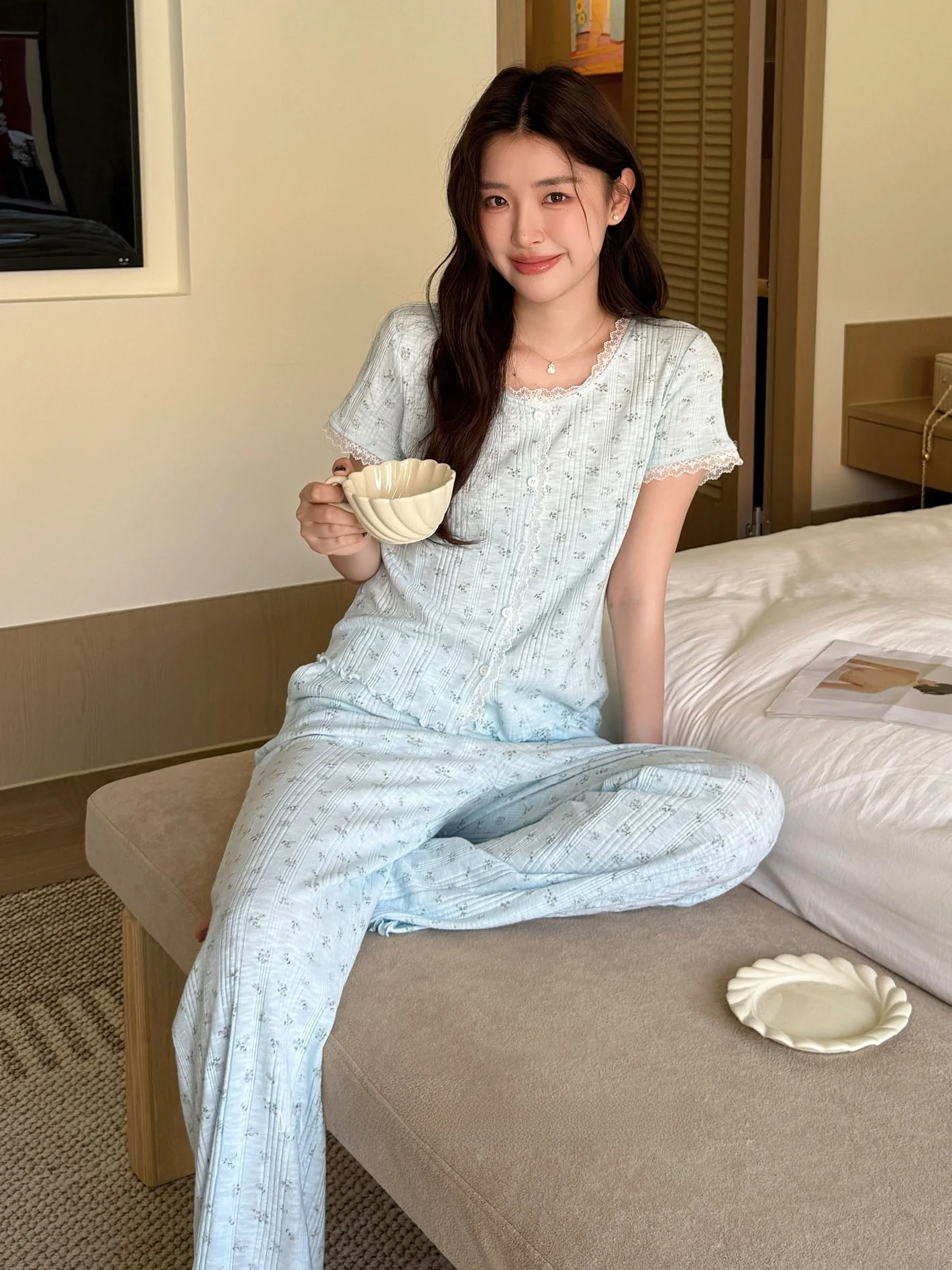 pijama-de-algodon-con-encaje-para-mujer-manga-corta-pantalon-largo-ropa-comoda-para-el-hogar-cardigan-abierto-de-verano-suave-de-pierna-ancha
