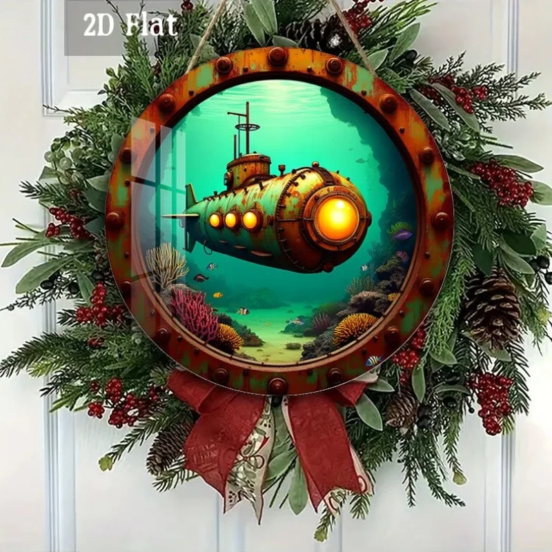 2D Flat - 1pc Vintage Submarine Wood Panel Artwork, Featuring an Underwater Journey Theme, Designed As a Round Wooden Decoration