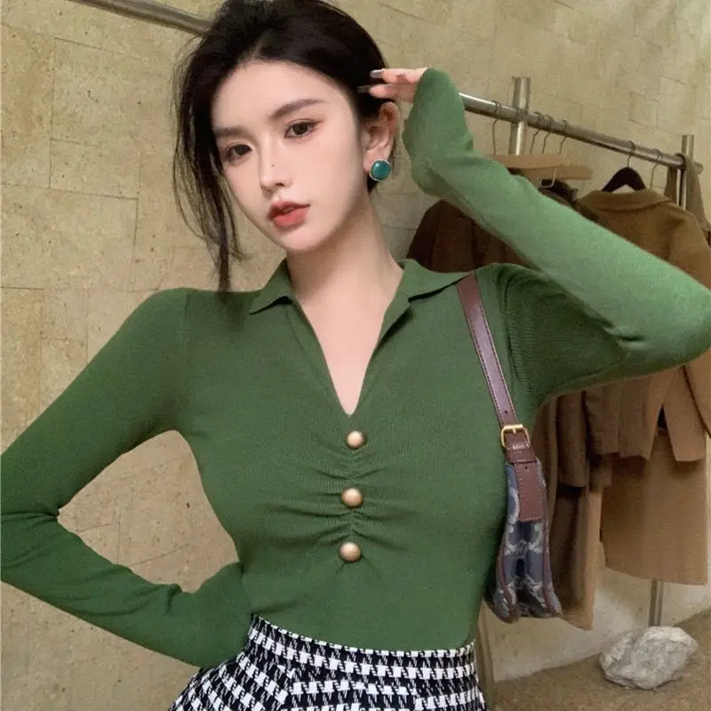 

Temperament Slim Long Sleeve Bottoming Shirt Autumn Winter Solid Simplicity V Neck Elegant T Shirts Korean Trend Women Clothing