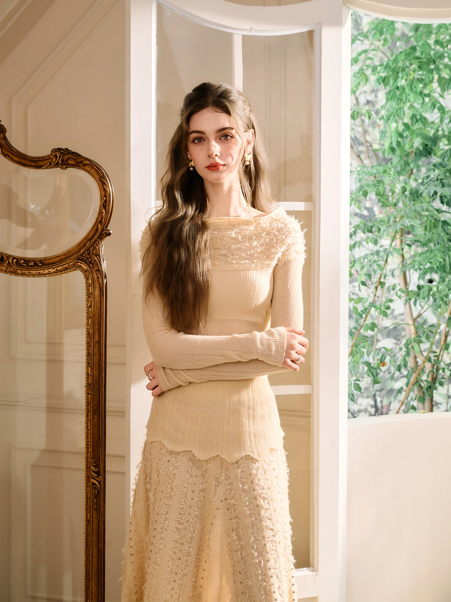 

Вязаный комплект Reve Ruff Fairy Sle для женщин, осенне-зимний, из двух предметов, с кисточками и стразами, длинный рукав