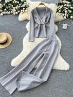 SINGREINY Office Lady Knitted Suits Female Long Sleeve Notched Collar Tops+Wide Legs Pants Women Winter Fashion Thick 2pcs Set - Image 2