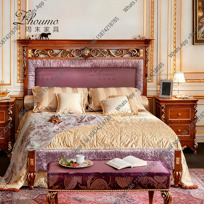 Retro simple velvet double bed American engraved pull button fabric bed French light luxury soft bag backrest bed