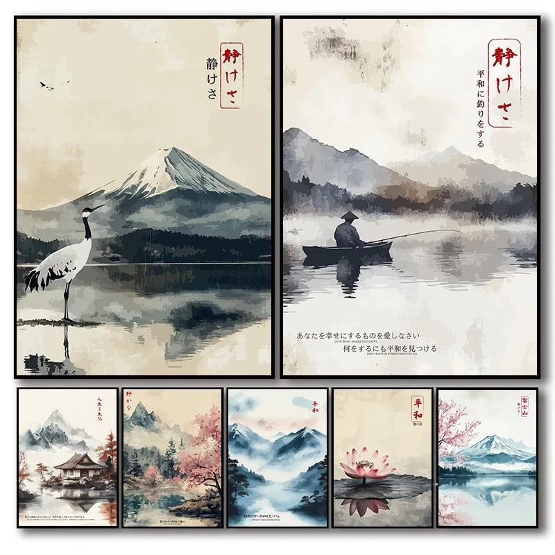 1pc frameless Canvas Painting Vintage Japanese Canvas Wall Art Cherry Blossoms Crane Mt Fuji Watercolor Painting Serene Asian La