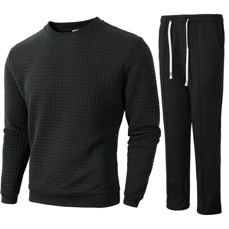 Autumn and Winter New Round Neck Long Sleeve Plaid Casual Bottoming Shirt Men's Pants Set