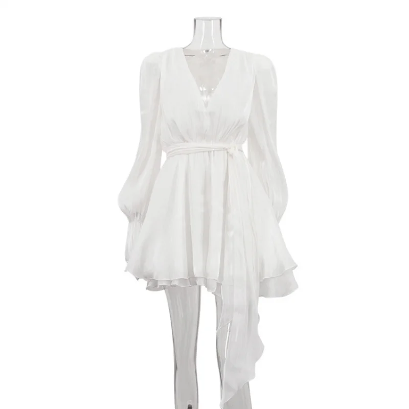 Fashionable Autumn New Elegant French Style Dress for Women with a High-End FeelVPuff Sleeve Tie CollaraLine skirt