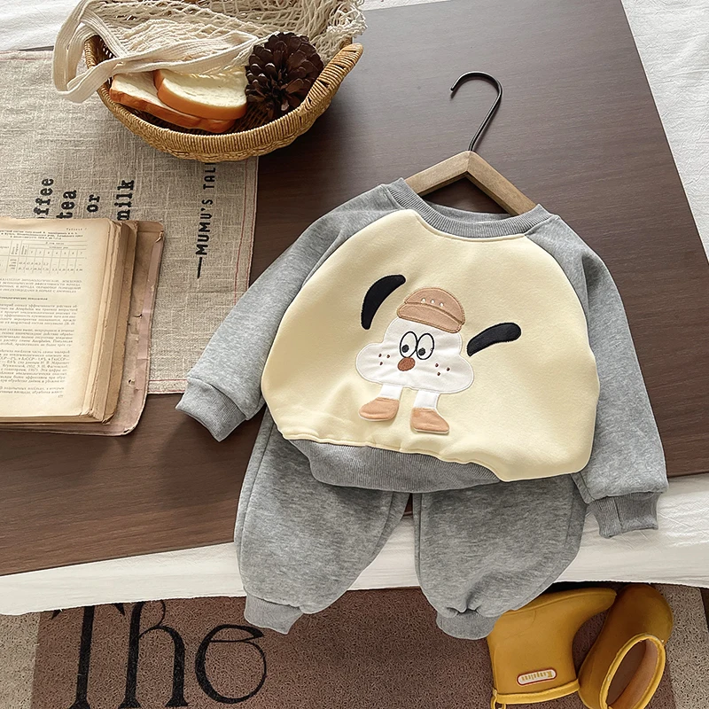 Cute Cartoon Puppy Appliqué Baby Tracksuit Set Contrast Raglan Sleeve Sweatshirt Loose Jogging Pants Toddler Boys Girls Fall