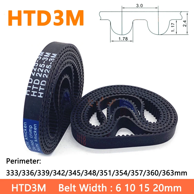 

Arc HTD3M Timing Belt Width 6 10 15 20mm Perimeter 333/336/339/342/345/348/351/354/357/360/363mm Rubber Closed Loop Drive Belts