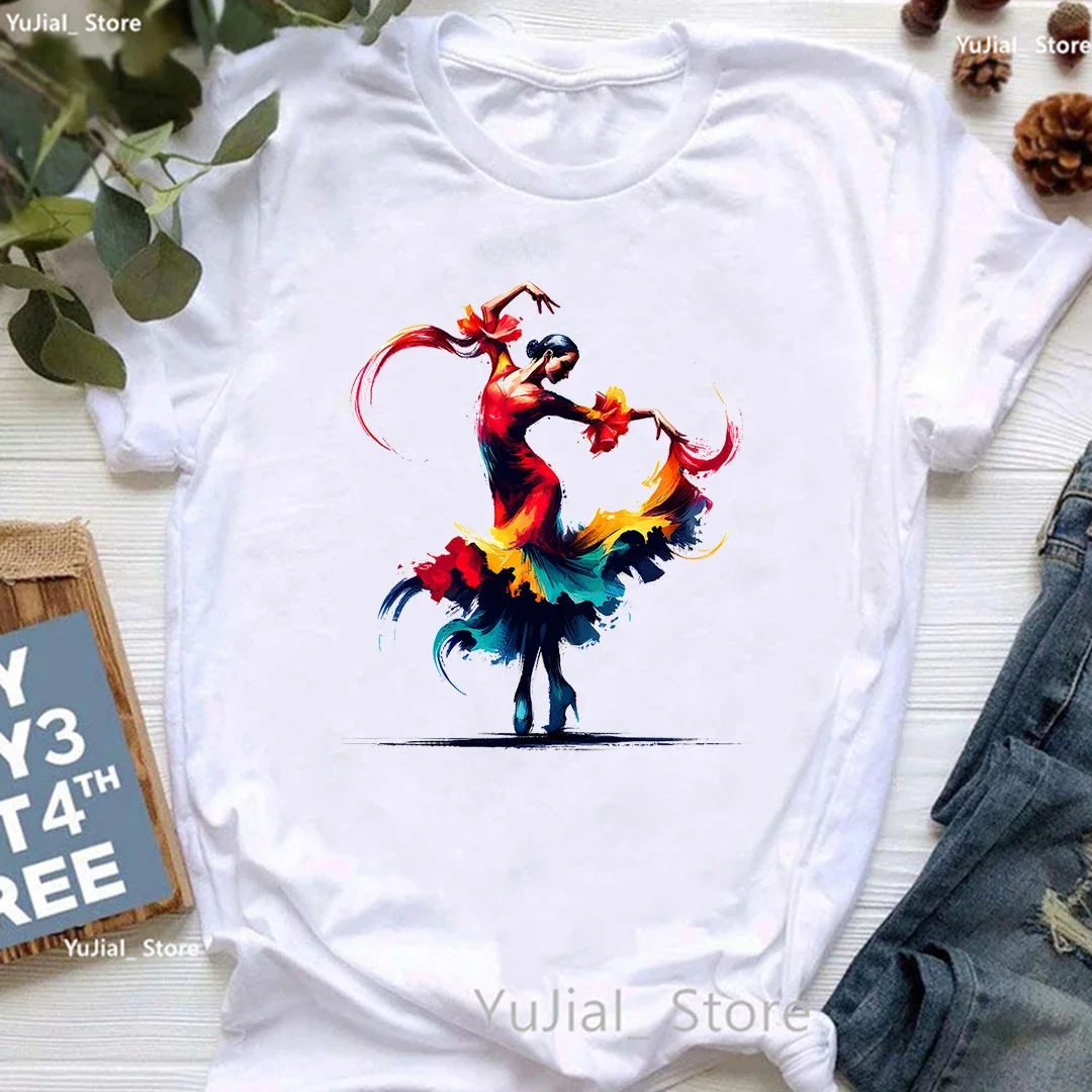 Flamenco Dancer Printed T Shirt Women\'S Clothing White Pink Beautiful Tshirt Female Summer Fashion Tops Tee Shirt Femme