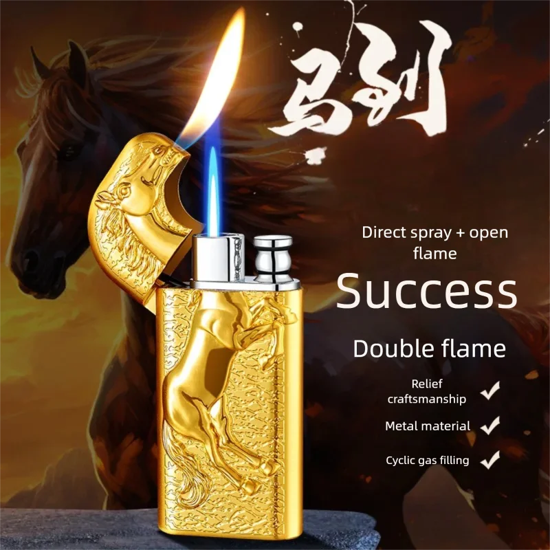 Men's gift wholesale metal three-dimensional relief horse straight conversion open flame inflatable lighter