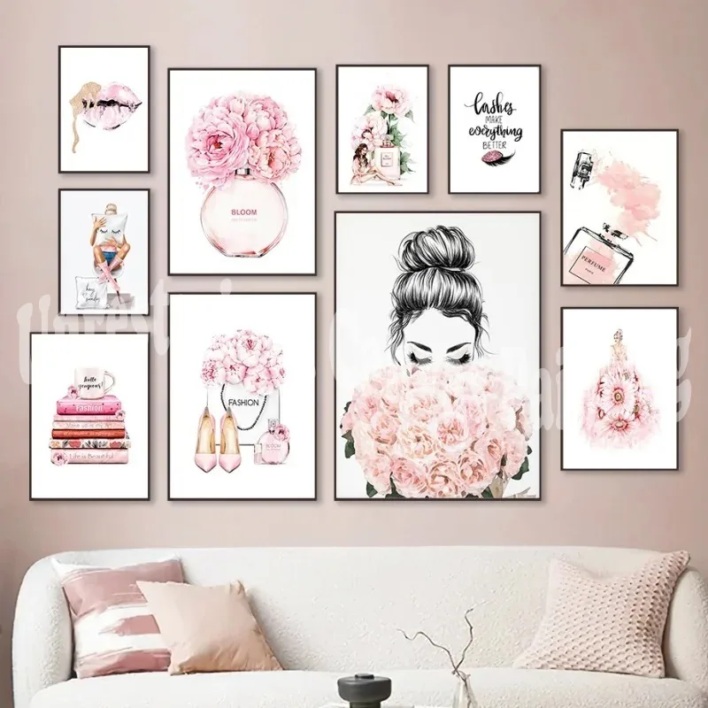 Fashion Makeup Pink Wall Art Women'S Perfume Canvas Painting Art Posters And Prints Home Decor Modern Sweet Flower Painting