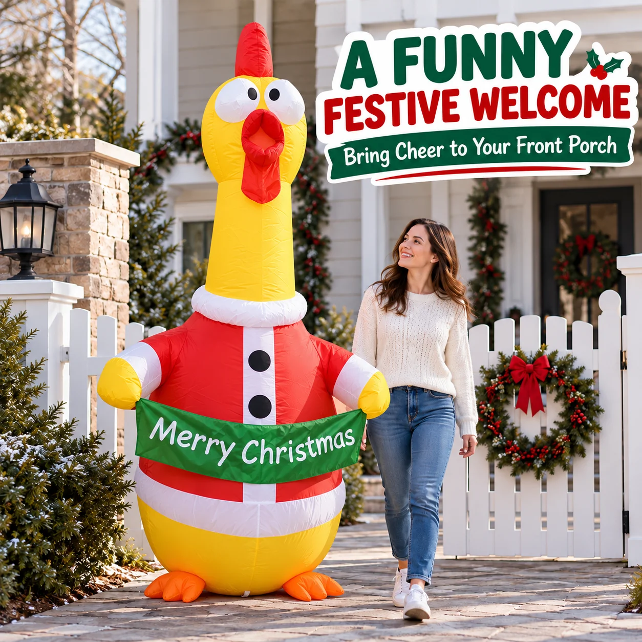 Christmas Inflatable Long Neck Chicken in Santa Suit 180cm LED Light Up Yard Decor with Merry Christmas Banner Outdoor Garden