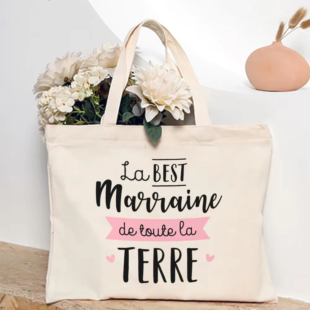 Best Godmother French Print Women Tote Bag Canvas Shopping Bags Female Shoulder Bag Women Travel Handbag Best Gift for Marraine