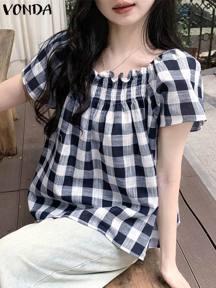 Plaid Blouse VONDA 2024 Summer Women Short Sleeve Loose Bohemian Printed Square Collar Tops Casual Shirts Vintage Blusas Femme