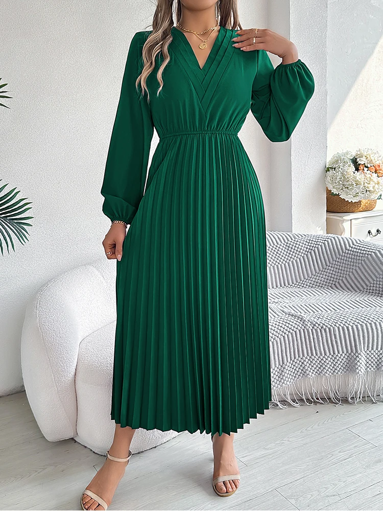 EVNISI Women Elegant Office Long Sleeve Pleated Dress V-Neck Chiffon A-line Dress Solid Evening Party Dress Holiday Vestido Fall