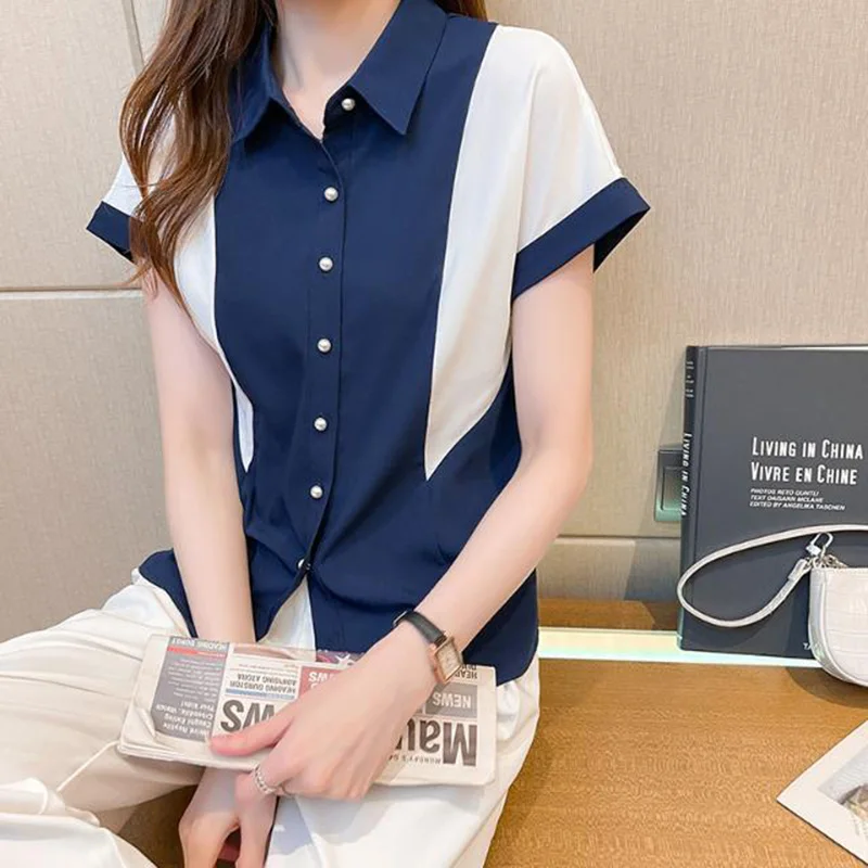 Fashion Lapel Spliced Raglan Sleeve Plus Size Chiffon Blouse 2022 Summer New Commute Tops Loose Female Clothing Casual Shirt