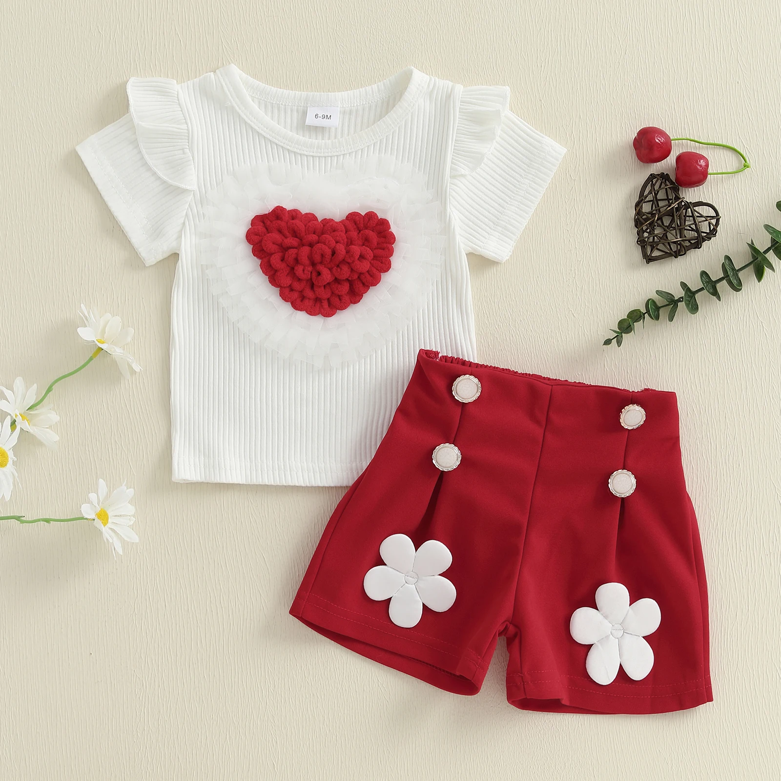 

0-3 Years Toddler Baby Girl Shorts Set Heart Short Sleeve Tops Flower Elastic Waist Back Shorts 2 Piece Summer Outfit