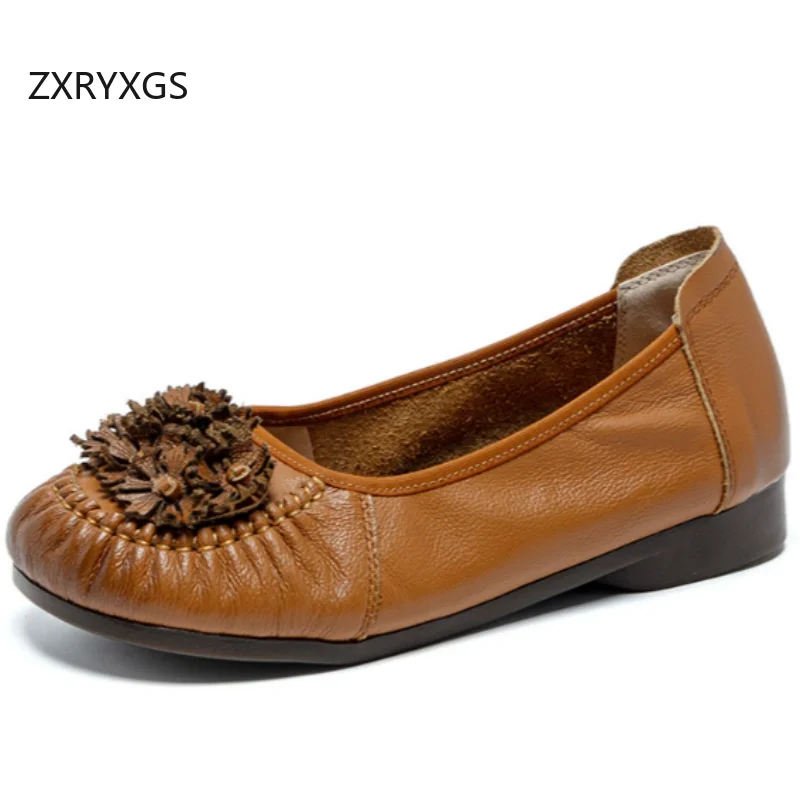 

Женские туфли ZXRYXGS из натуральной кожи с цветочным узором, модные балетки 2026 года, новинка, с круглым носком, неглубоким вырезом, удобные, на мягкой подошве