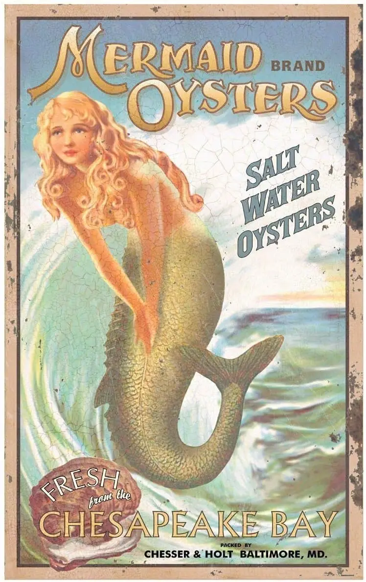 Retro Vintage Metal Plaque Tin Sign Mermaid Oysters for Home Garage Bar Kitchen Pub Wall Art Decor Signs 12x8inch, S053 goo sign