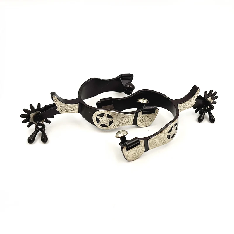 Classic Western Star Spurs with Engraved Pentagram & Rotating Rowel, Equestrian Training & Competition Horse Riding Spurs view 6