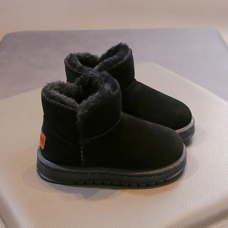 Black/grey Versatile Girls Snow Boots with Slip on Flat Heel Low Cut Non Slip Soft Sole Winter Casual Warm Suede Snow Boots