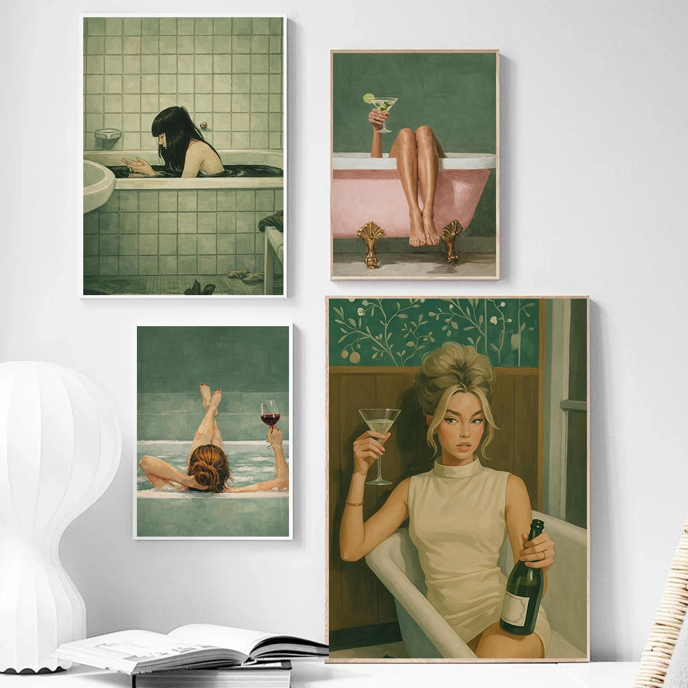 Quiet Solitude Bathtub Martini Bathroom Poster Wine Glass Relaxed Cats Modern Prints Canvas Wall Pictures Home Living Room Decor