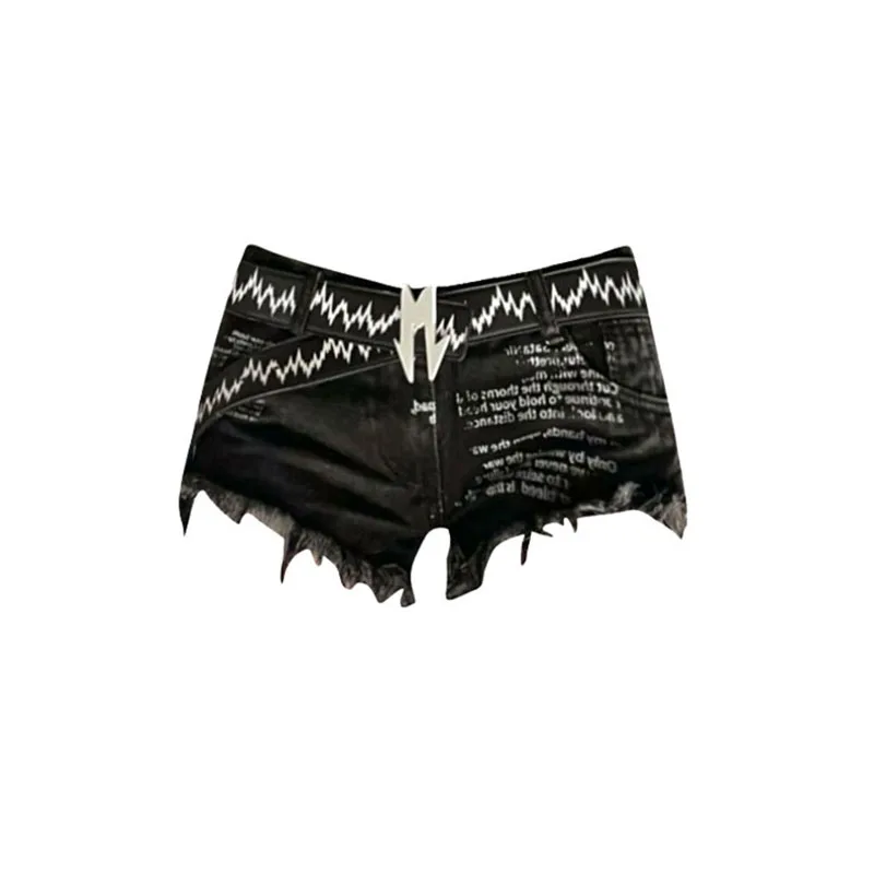 

Women's Black Denim Shorts Fashion Sexy High Waist Hot Pants Casual Letter Print Jeans Shorts Tassels Korean Streetwear Gothic
