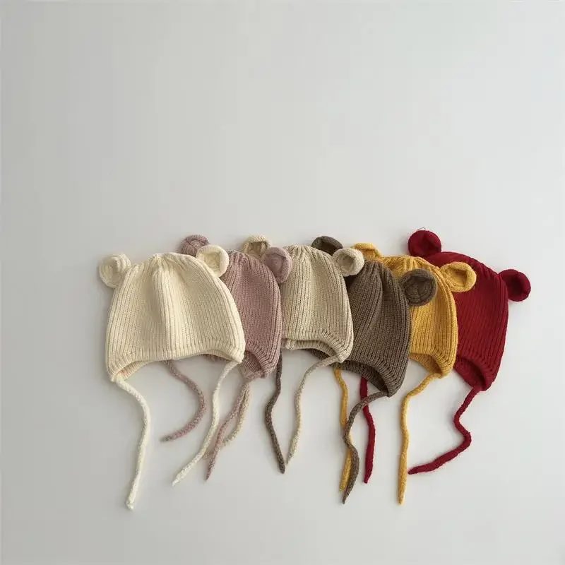 

Cute Bear Baby Knit Hats Autunm Winter Baby Beanie Infant Bonnet Cap Toddler Girls Boys Accessories Solid Color Baby Caps