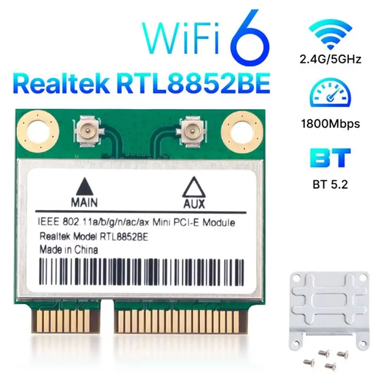 [LXYA68Z!] RTL8852BE Wifi 6 Network Card With 10DBI Antennas 1800M Dual Band 2.4G/5Ghz BT 5.2 Mini PCI-E Interface For Win Windo