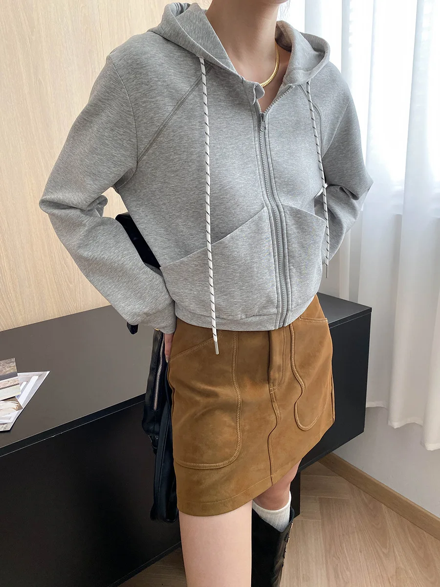 

2025 Spring And Autumn American Casual Drawstring Hooded Top Zipper Long Sleeve Short Sweater Jacket