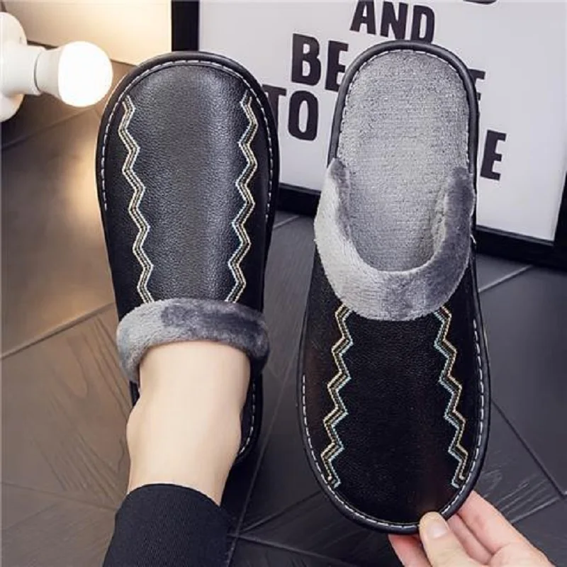 

Men's Anti-odor Leather Fur Slippers Indoor Fluffy Shoes Non-slip Dad Bedroom Slipper Man Faux Leather Shoe