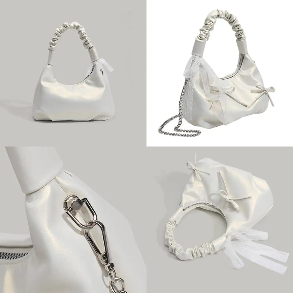 

Trendy PU Leather Shoulder Purse with Lace Bows Detailing and Detachable Chain Stylish Crossbody Purse for Women Girls
