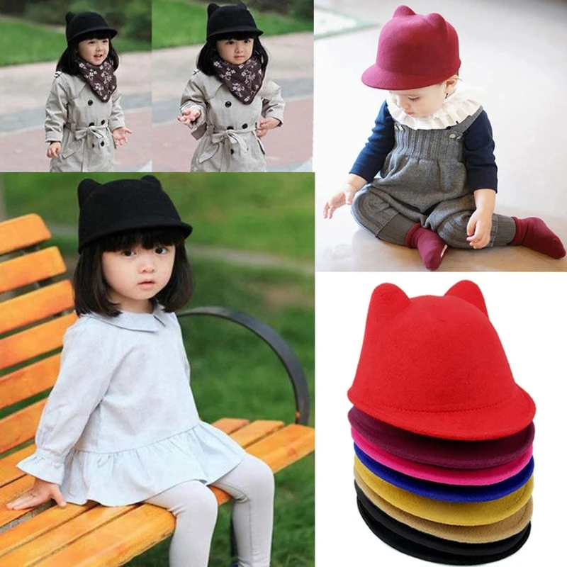 New Lovely Kids Boys Girls for Cat Ear Fedora Solid Bowler Wool Felt Ha